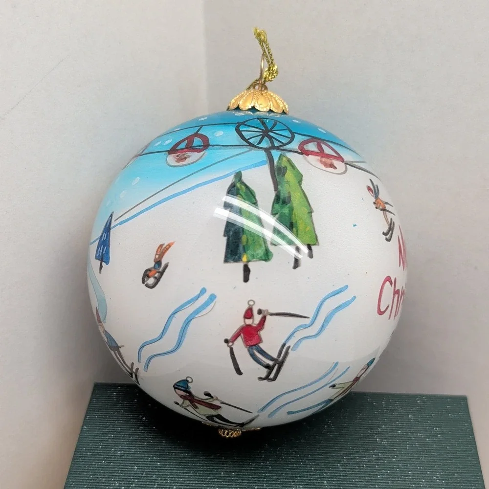 Pier 1 Li Bien Merry Christmas Ornament Hand Painted Skiing Winter Scene 2019